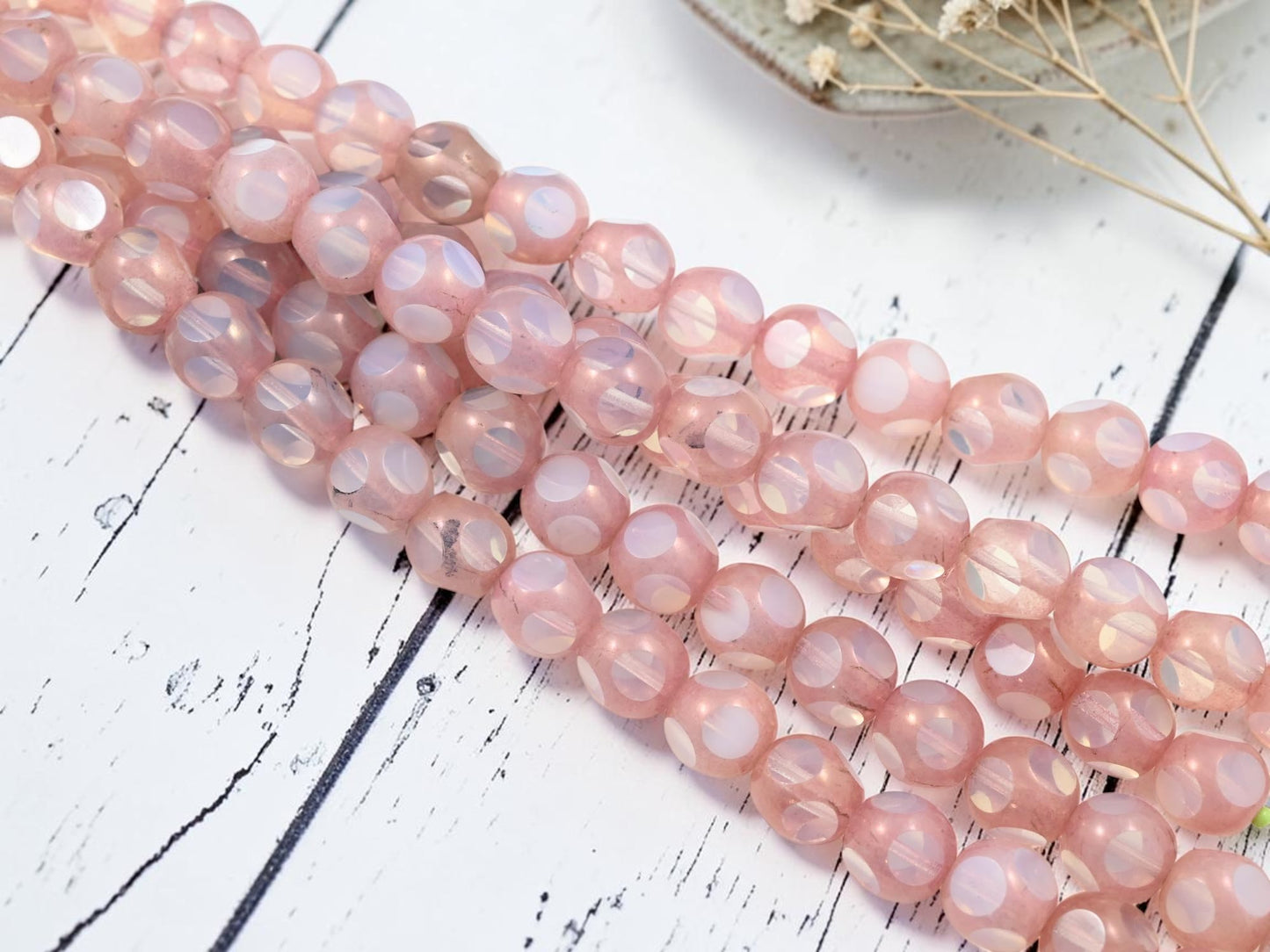 *18* 12mm Pink Picasso on White Opaline Window Cut Round Beads