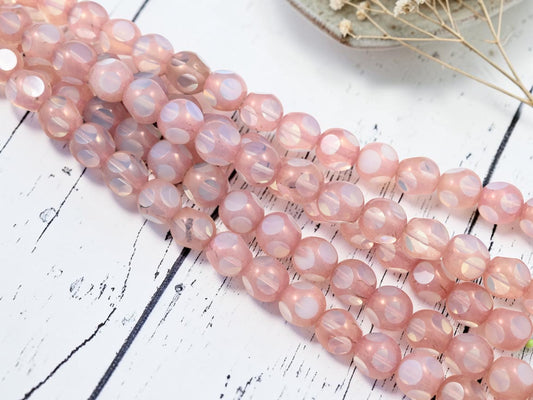 *18* 12mm Pink Picasso on White Opaline Window Cut Round Beads