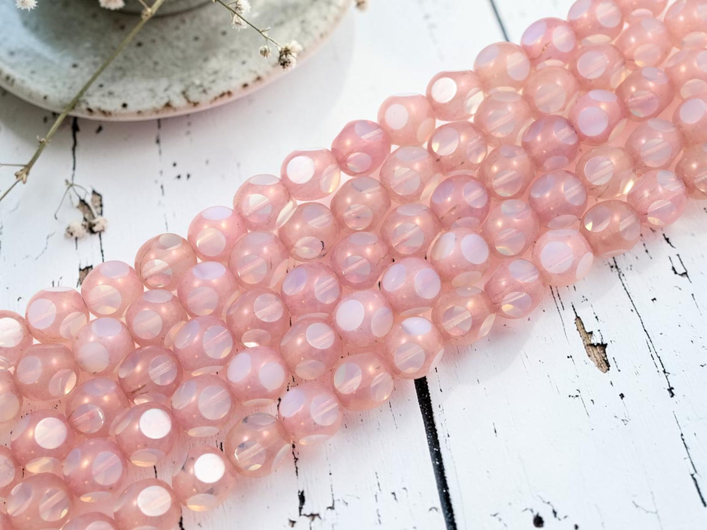 *18* 12mm Pink Picasso on White Opaline Window Cut Round Beads