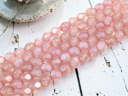 *18* 12mm Pink Picasso on White Opaline Window Cut Round Beads