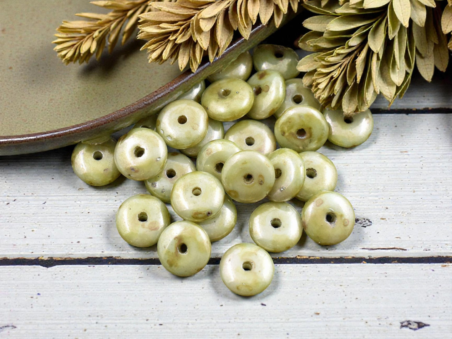 *50* 6x2mm Opaque Greenstone Picasso Smooth Rondelle Beads