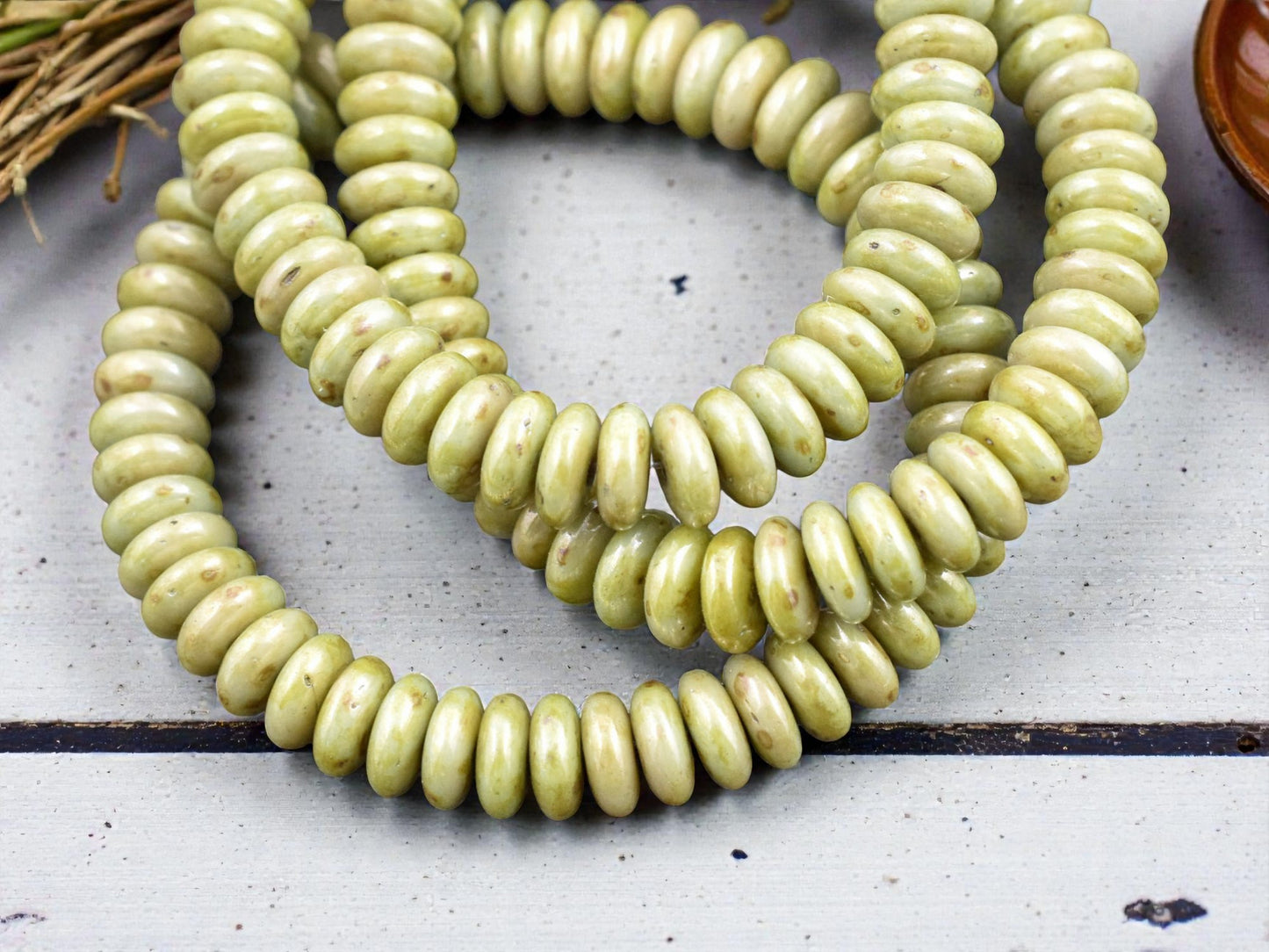 *50* 6x2mm Opaque Greenstone Picasso Smooth Rondelle Beads