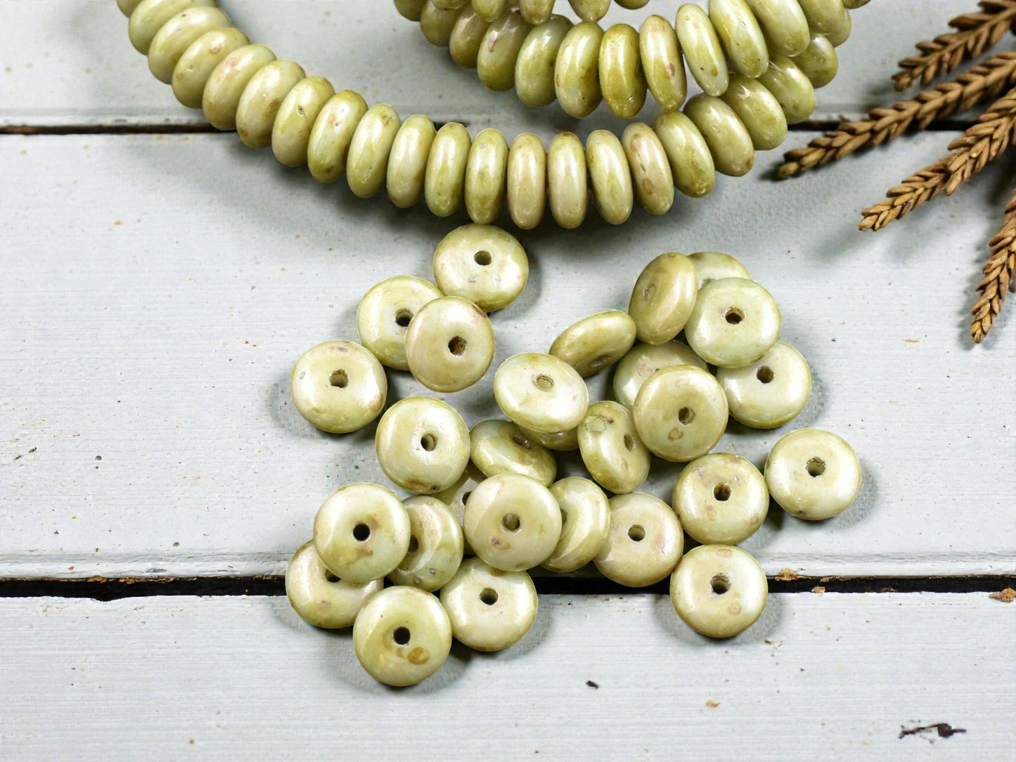 *50* 6x2mm Opaque Greenstone Picasso Smooth Rondelle Beads