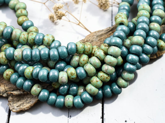 33/0 Aged Green Turquoise Picasso Seed Bead Mix (8.5" Strand)