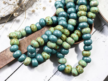 33/0 Aged Green Turquoise Picasso Seed Bead Mix (8.5" Strand)
