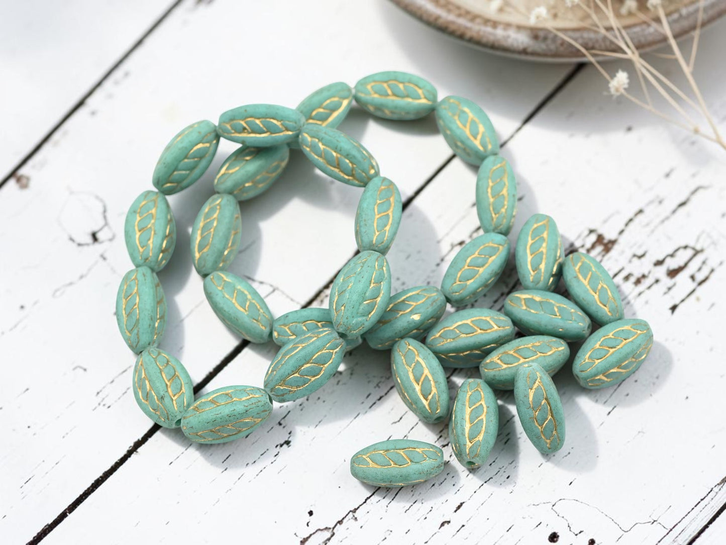 *10* 15x9mm Gold Washed Matte Turquoise Twisted Oval Beads