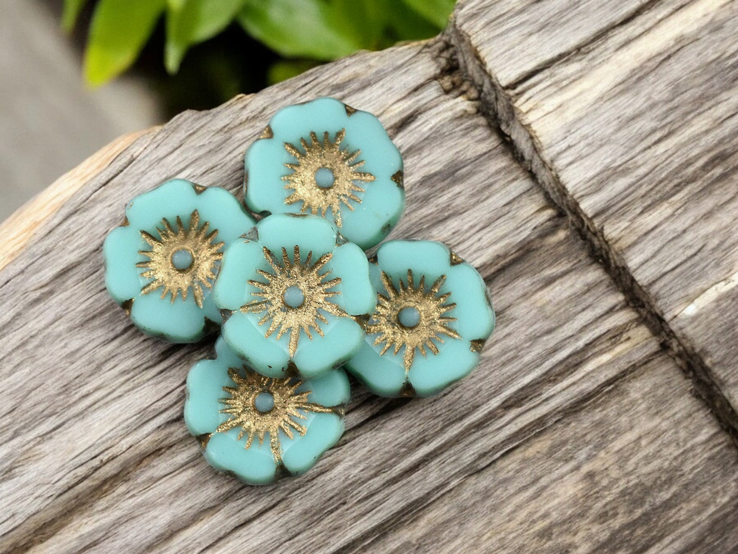 *12* 12mm Gold Washed Opaque Turquoise Hawaiian Flower Beads
