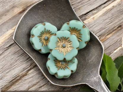 *12* 12mm Gold Washed Opaque Turquoise Hawaiian Flower Beads