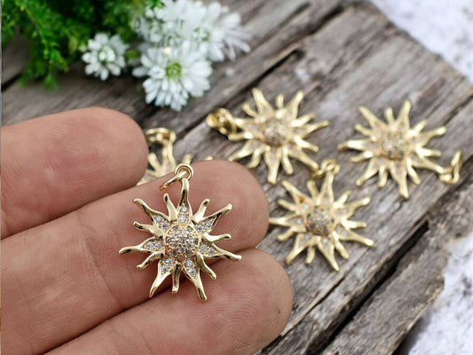 *5* 20x18mm 18k Gold Plated Brass Micro Pave Cubic Zirconia Sun Charms