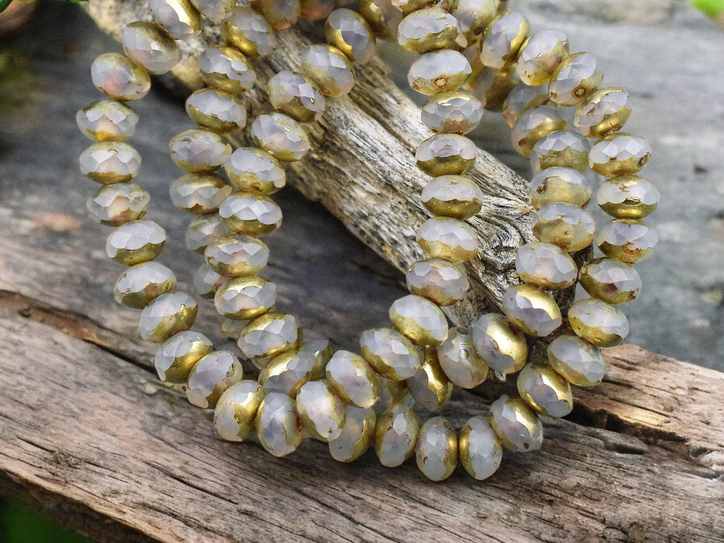 *30* 3x5mm Gold Washed Matte Milky Crystal Fire Polished Rondelle Beads