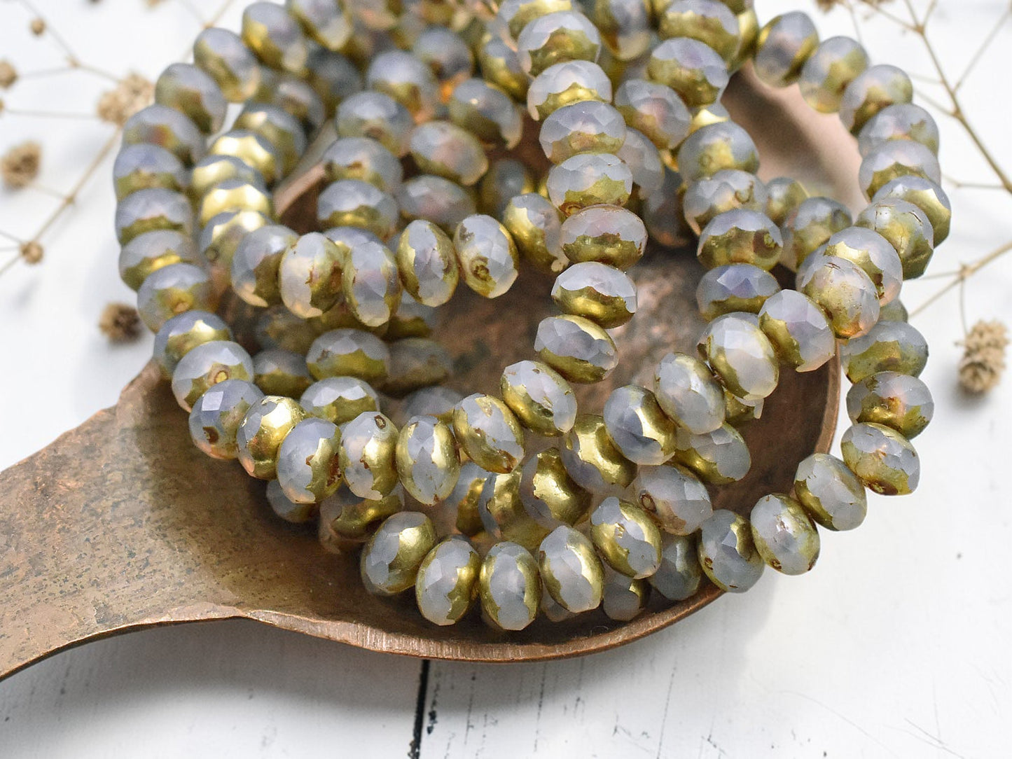 *30* 3x5mm Gold Washed Matte Milky Crystal Fire Polished Rondelle Beads