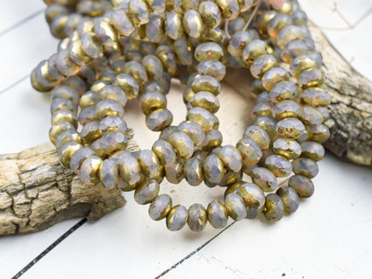 *30* 3x5mm Gold Washed Matte Milky Crystal Fire Polished Rondelle Beads