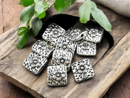 *50* 10mm Antique Silver Flower Design Beveled Square Beads