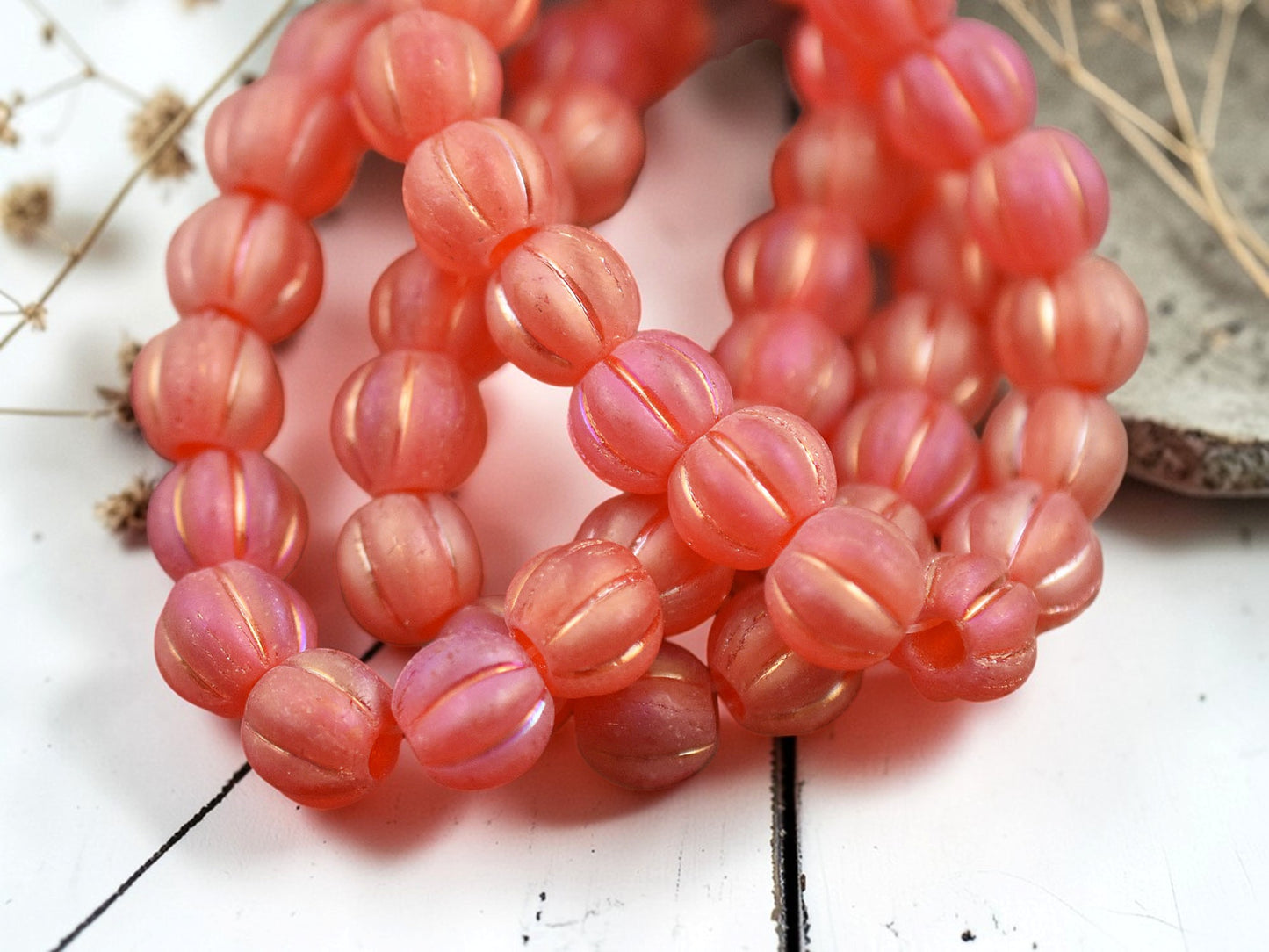 Metallic Pink Washed Matte Translucent Orange Large Hole Melon Beads -- Choose Your Size