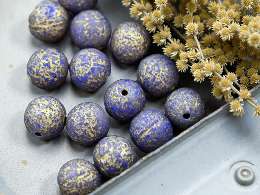 *20* 8mm Gold Washed Etched Indigo Round Druk Beads