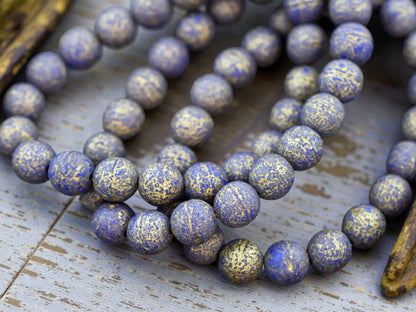 *20* 8mm Gold Washed Etched Indigo Round Druk Beads