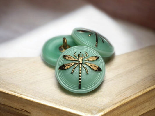 18mm Dragonfly Button Mint with a Gold Dragonfly - Czech Glass Buttons