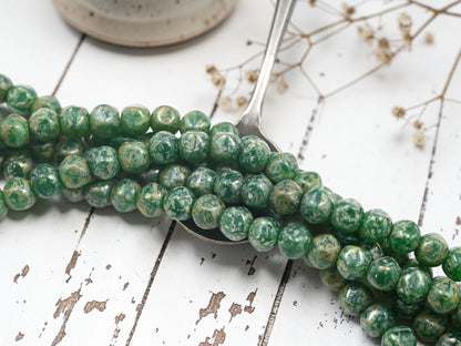 *26* 8x7mm Rustic Green Opal Silver Picasso Dented Round Beads