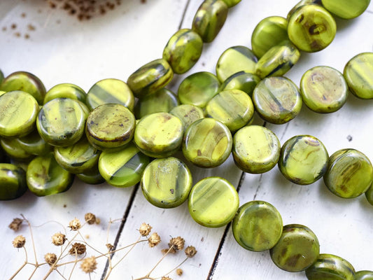 *19* 10mm Blended Olivine Chartreuse Picasso Dime Coin Beads