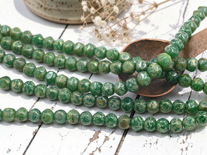 *26* 8x7mm Rustic Green Opal Silver Picasso Dented Round Beads