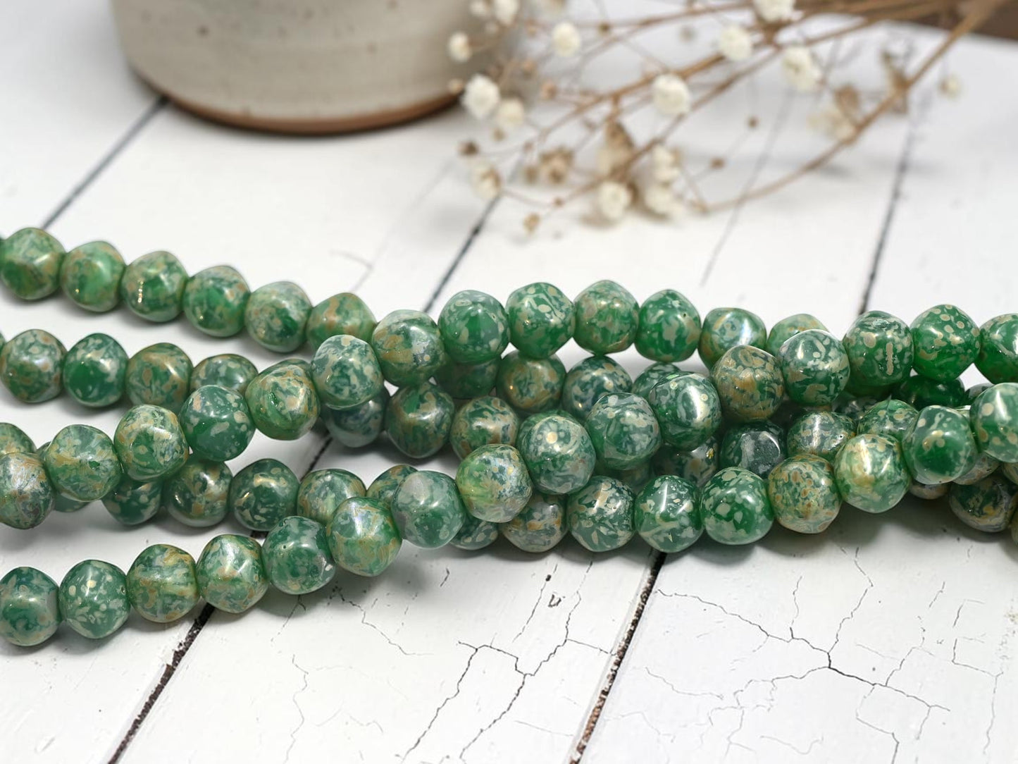 *26* 8x7mm Rustic Green Opal Silver Picasso Dented Round Beads