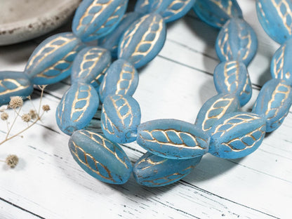 *10* 15x9mm Gold Washed Matte Capri Blue Twisted Oval Beads