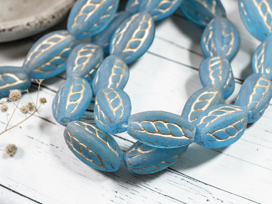 *10* 15x9mm Gold Washed Matte Capri Blue Twisted Oval Beads