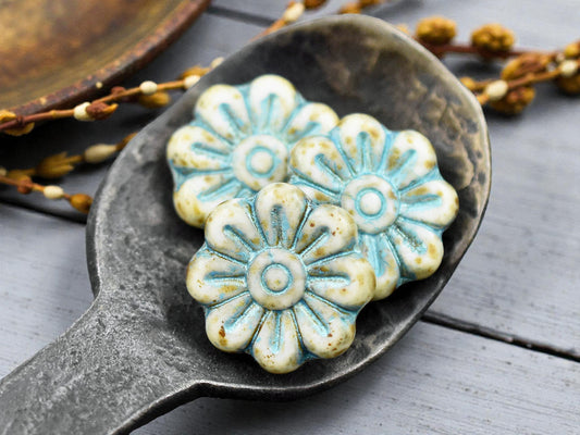 *6* 18mm Metallic Green Washed Alabaster Picasso Daisy Flower Beads