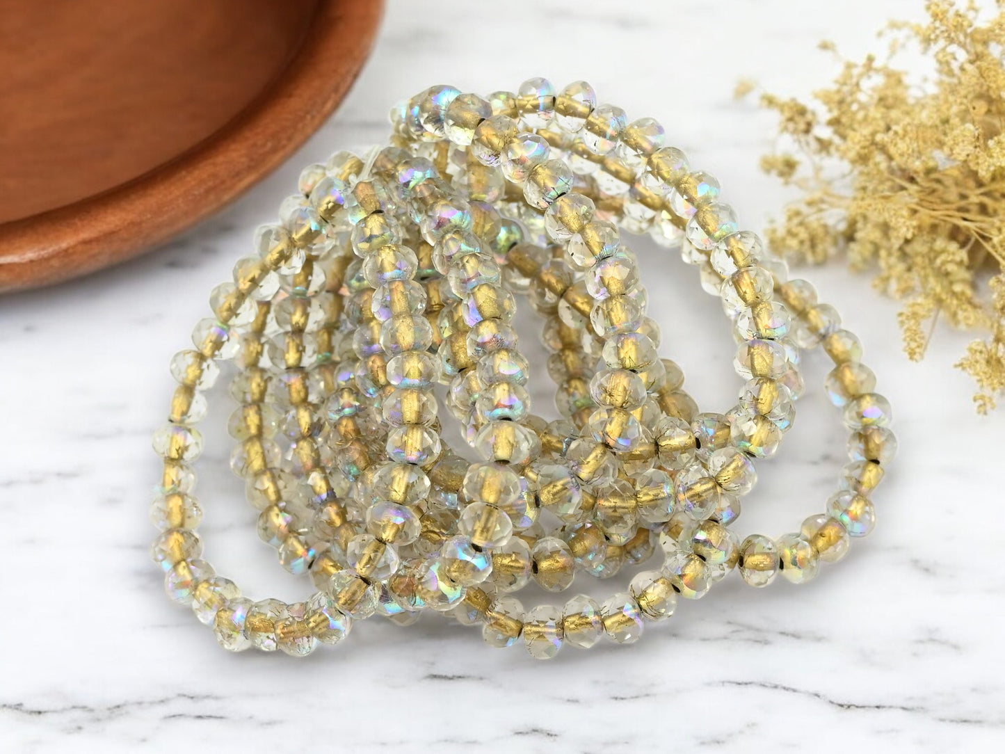 *30* 3x5mm Gold Lined Crystal AB Fire Polished Rondelle Beads