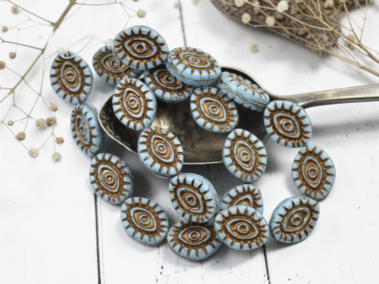 *10* 14x11mm Dark Bronze Washed Blue Mystic Eye Beads