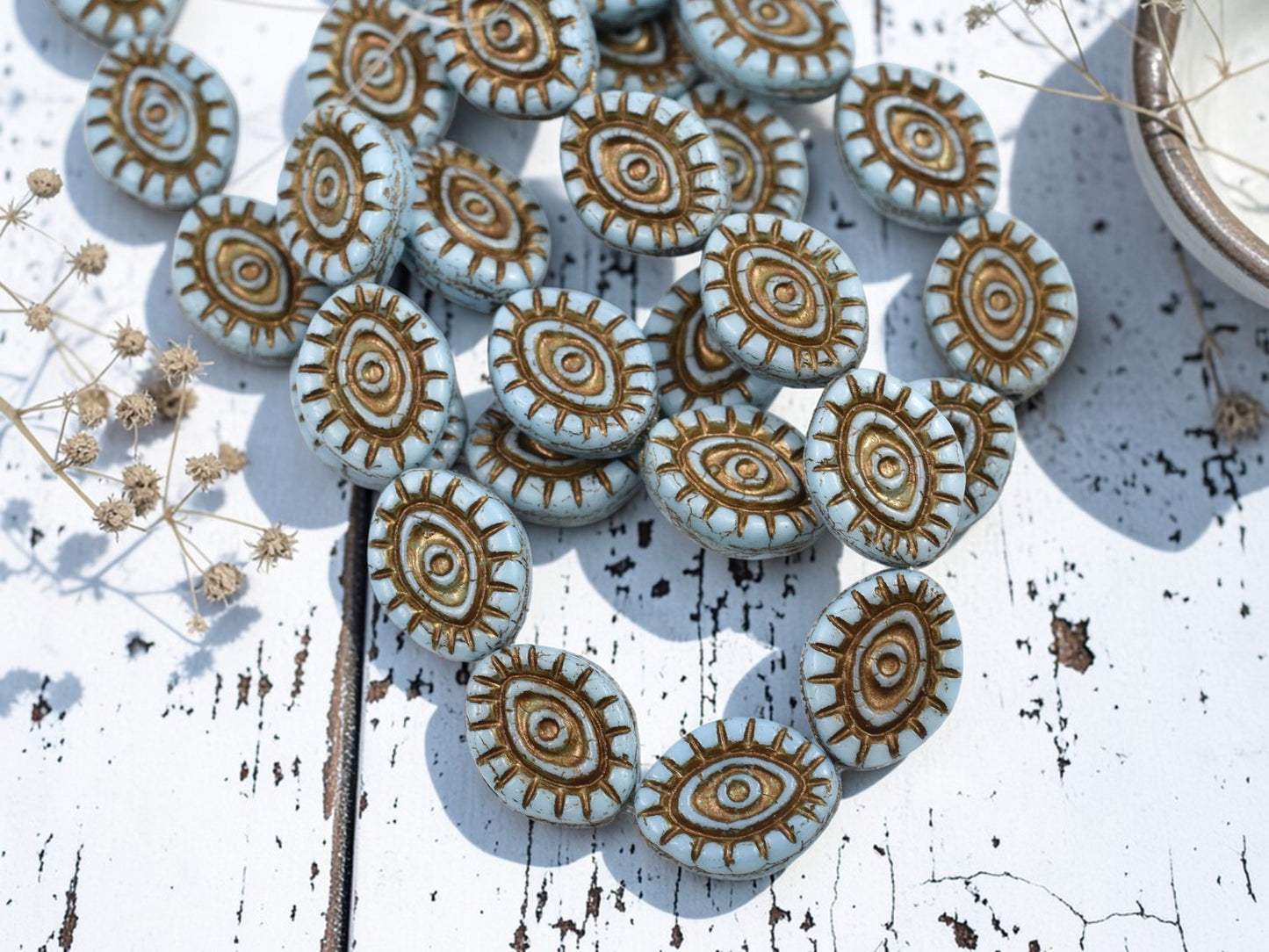 *10* 14x11mm Dark Bronze Washed Blue Mystic Eye Beads