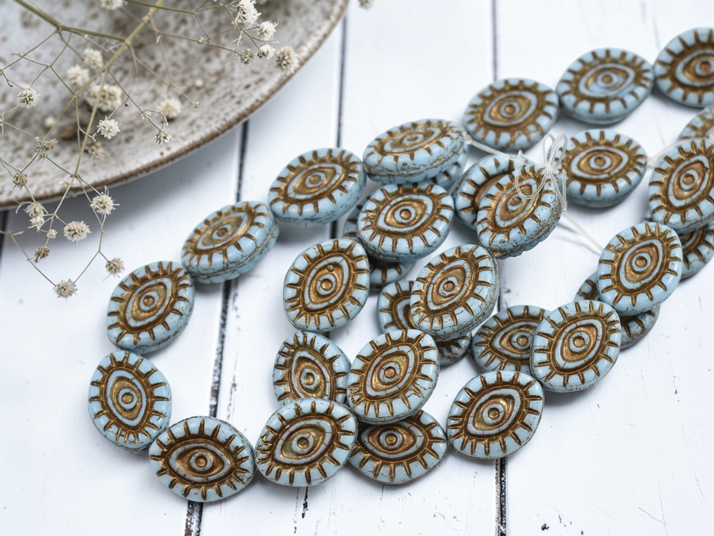 *10* 14x11mm Dark Bronze Washed Blue Mystic Eye Beads