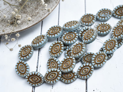 *10* 14x11mm Dark Bronze Washed Blue Mystic Eye Beads