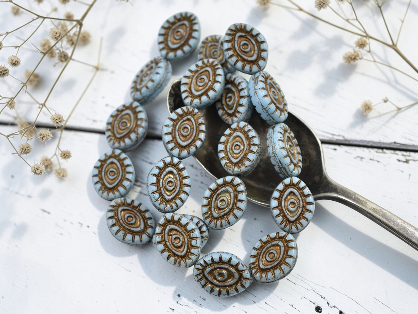 *10* 14x11mm Dark Bronze Washed Blue Mystic Eye Beads