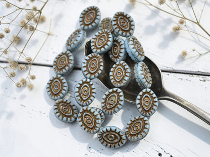 *10* 14x11mm Dark Bronze Washed Blue Mystic Eye Beads