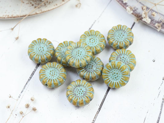 *10* 13mm Turquoise Washed Beige Picasso Sunflower Coin Beads