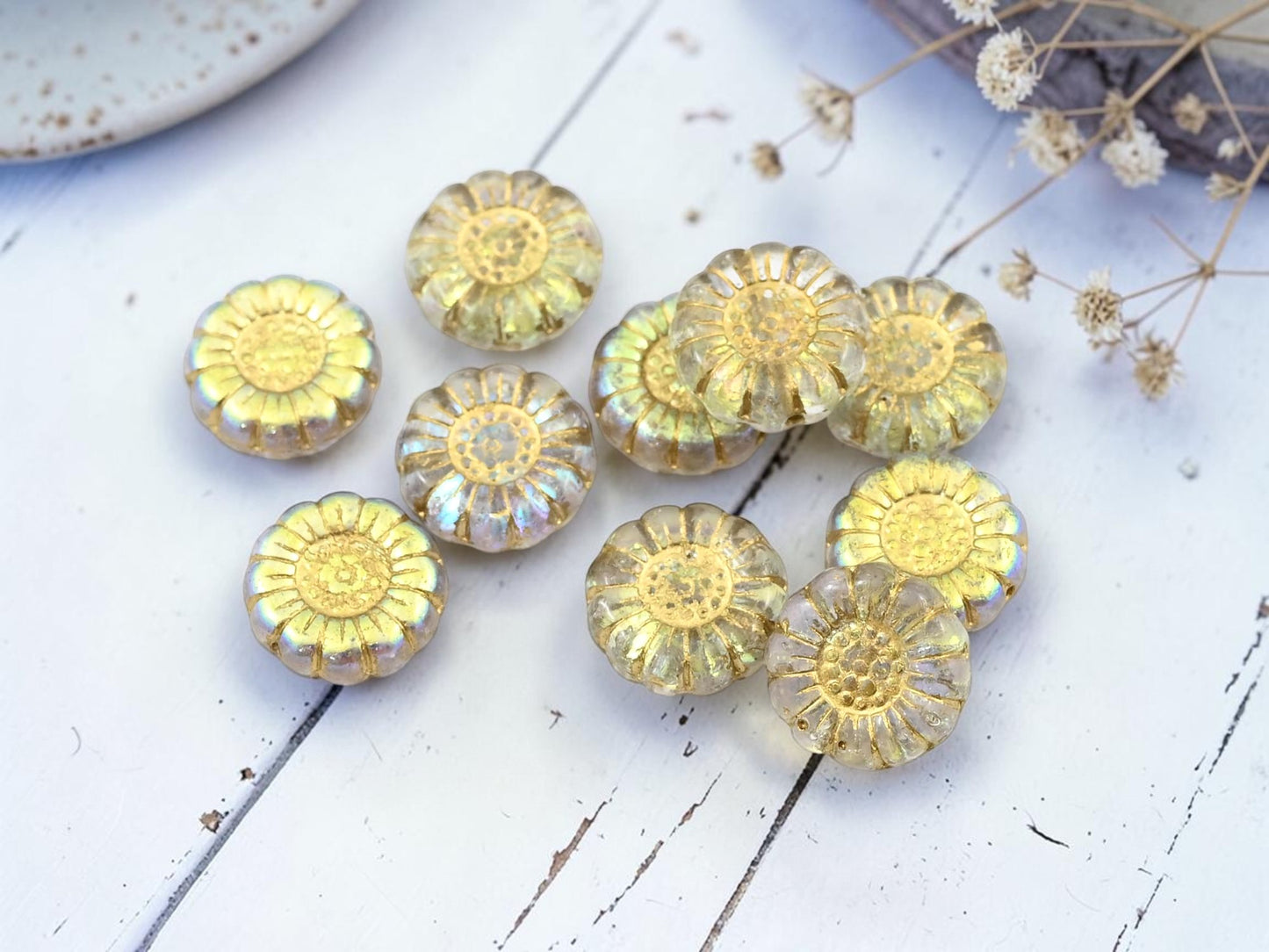 *10* 13mm Gold Washed Crystal AB Sunflower Coin Beads
