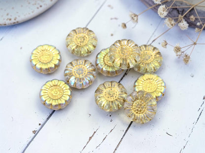 *10* 13mm Gold Washed Crystal AB Sunflower Coin Beads