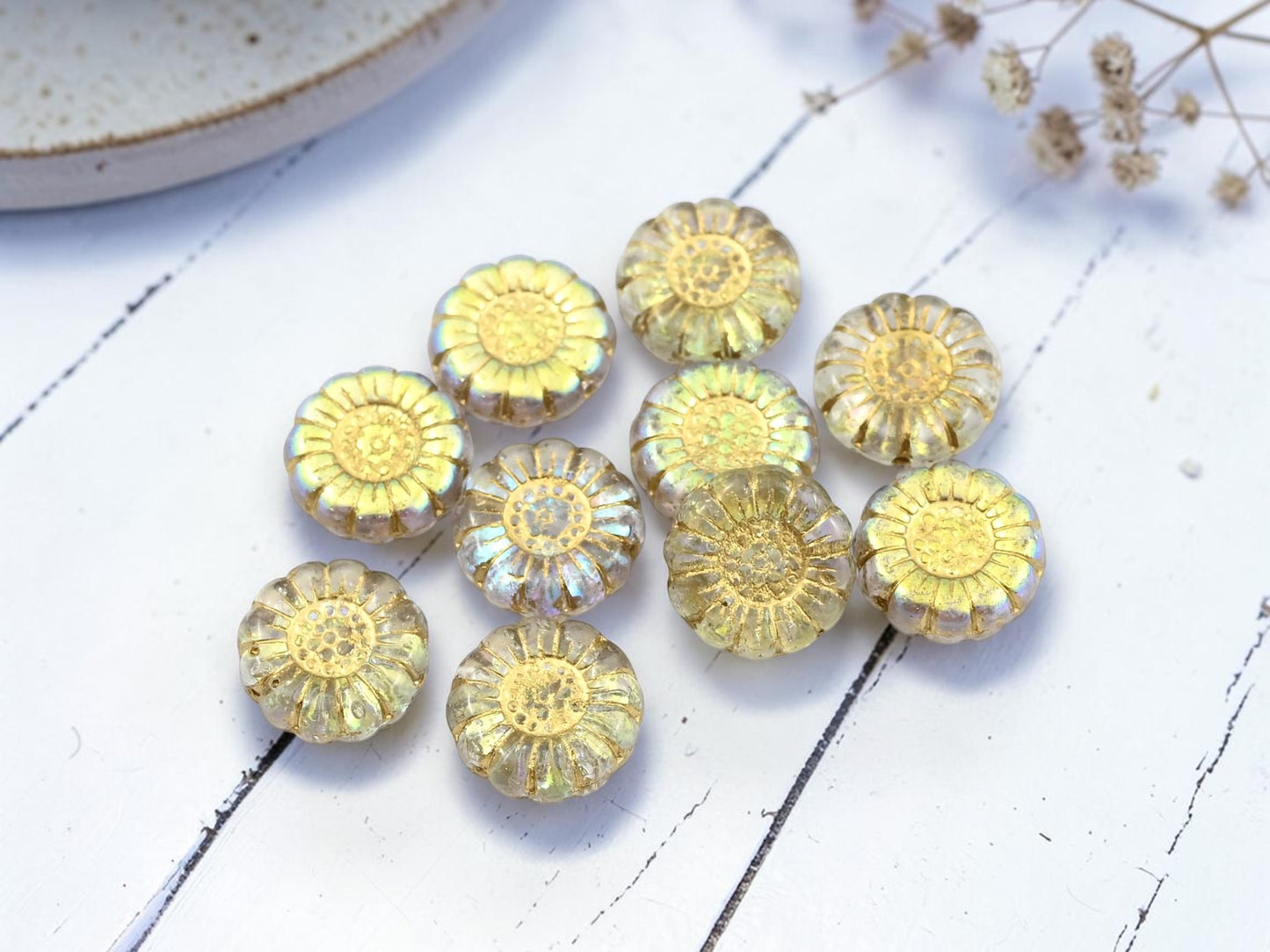 *10* 13mm Gold Washed Crystal AB Sunflower Coin Beads