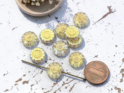 *10* 13mm Gold Washed Crystal AB Sunflower Coin Beads