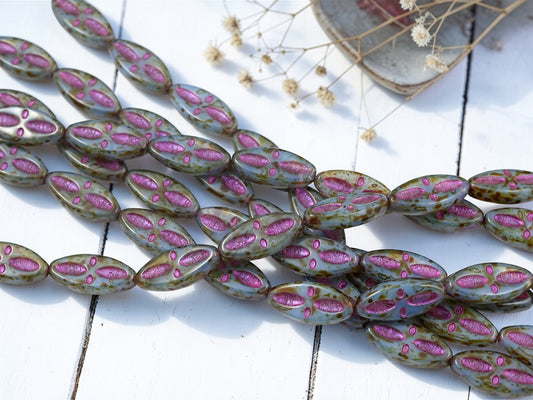 *8* 20x9mm Metallic Pink Washed Blue Opaline Picasso Marquise Oval Beads