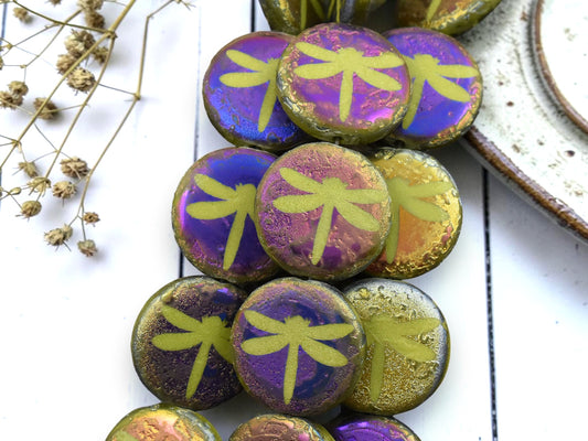 *8* 16mm Acid Etched Chartreuse Metallic Iris Laser Tattoo Dragonfly Coin Beads