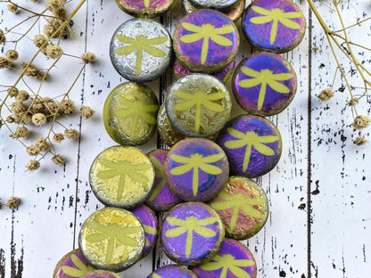 *8* 16mm Acid Etched Chartreuse Metallic Iris Laser Tattoo Dragonfly Coin Beads