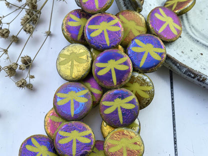 *8* 16mm Acid Etched Chartreuse Metallic Iris Laser Tattoo Dragonfly Coin Beads