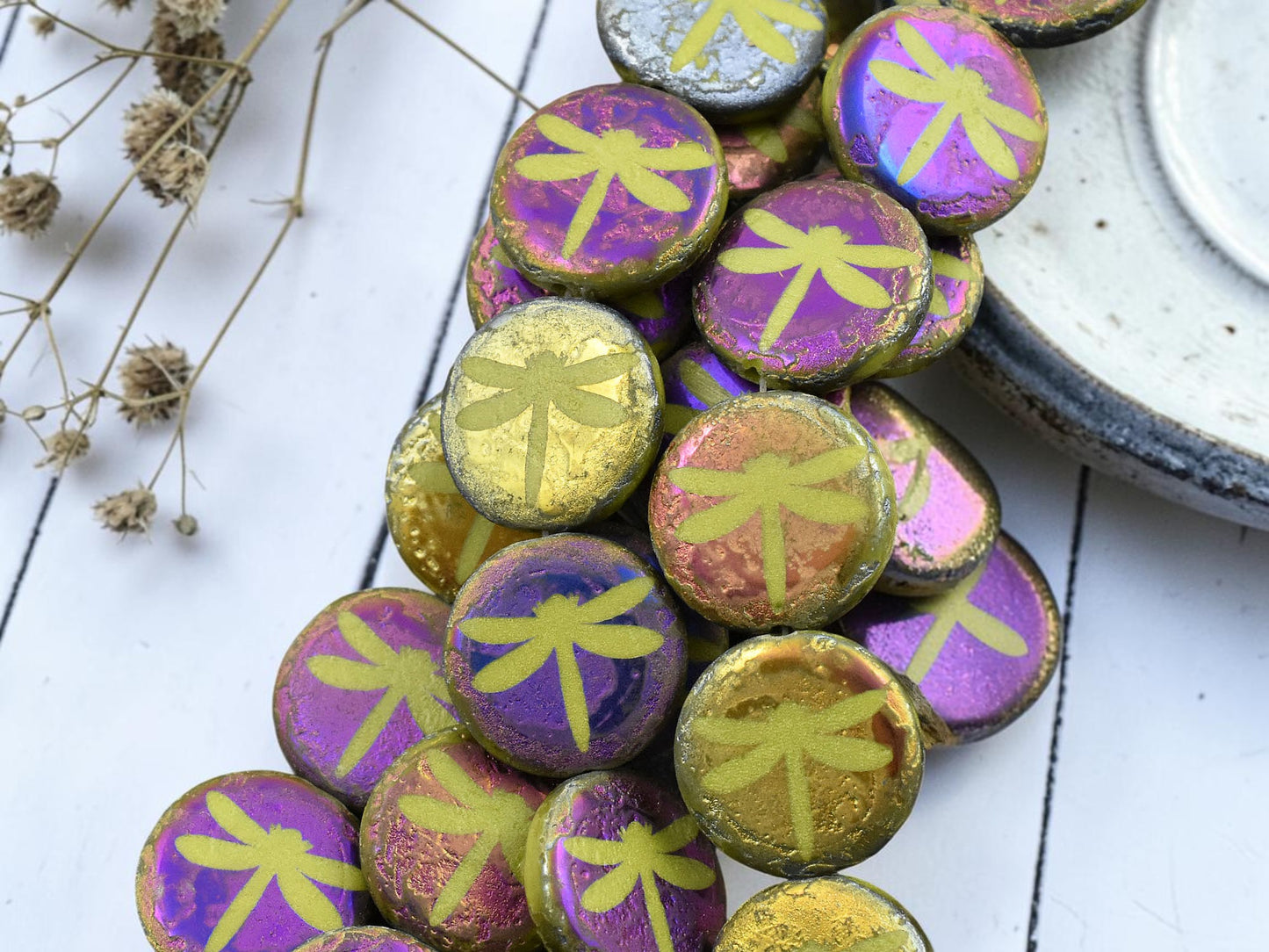 *8* 16mm Acid Etched Chartreuse Metallic Iris Laser Tattoo Dragonfly Coin Beads