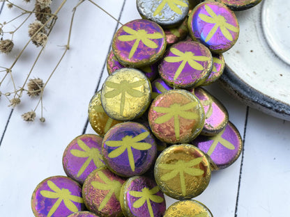 *8* 16mm Acid Etched Chartreuse Metallic Iris Laser Tattoo Dragonfly Coin Beads