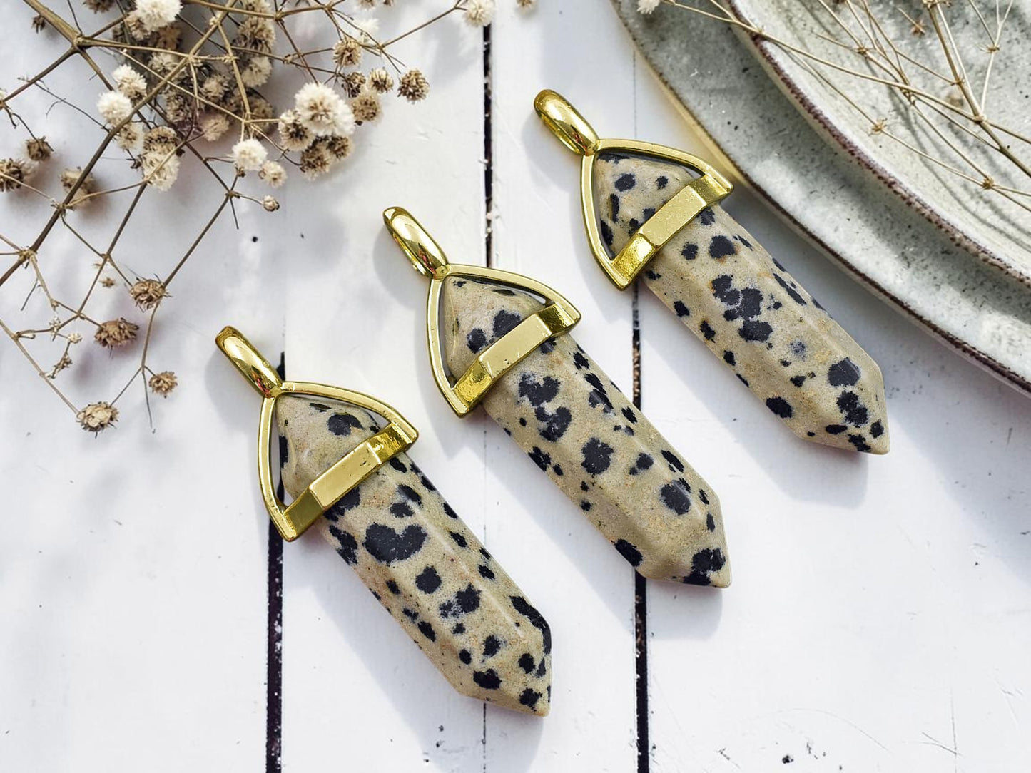 40mm Gold Tone Natural Dalmation Jasper Double Terminated Bullet Pendant