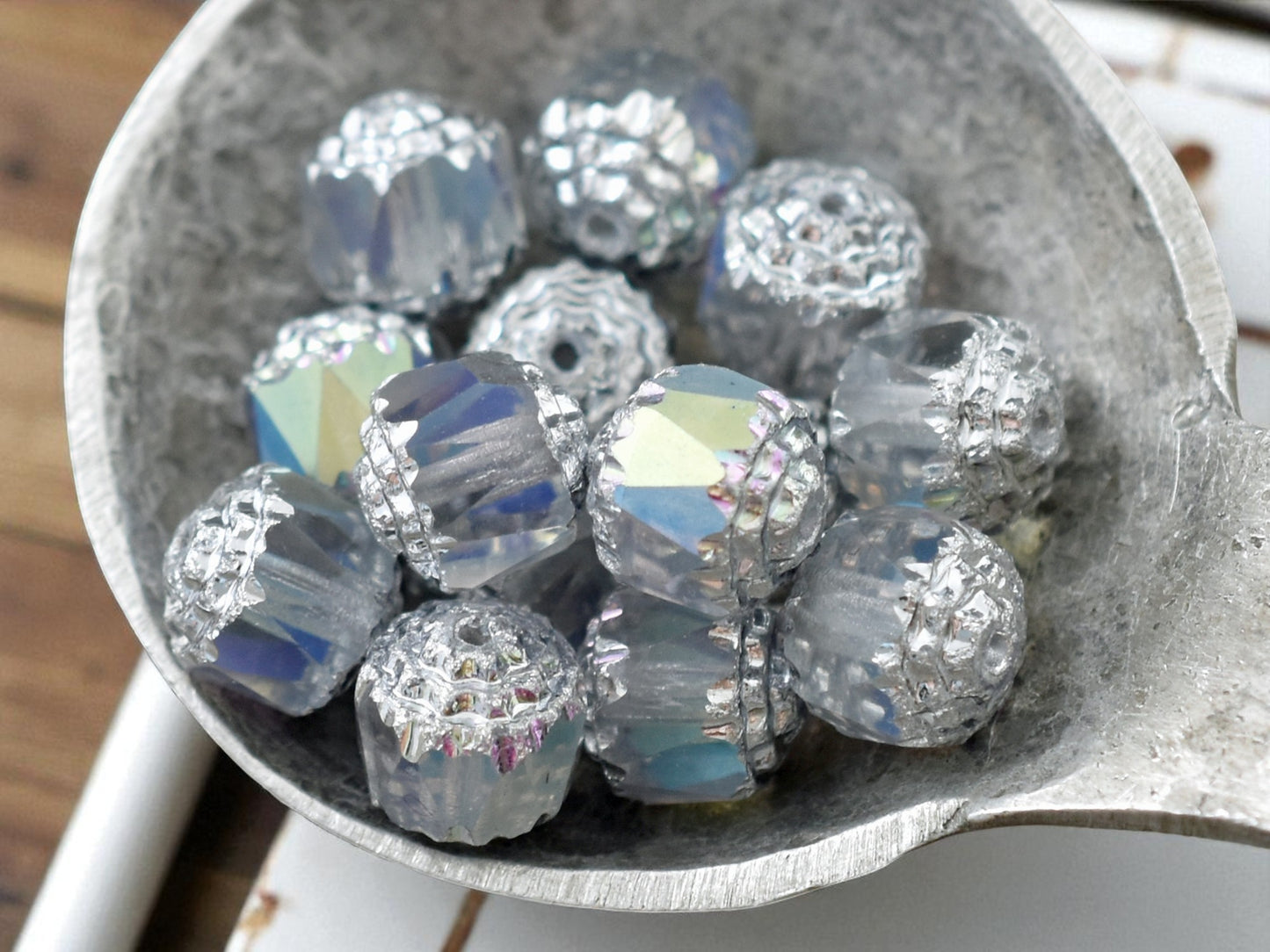 Silver Washed Lt Blue Apollo AB Fire Polished Cathedral Beads - 8mm or 10mm