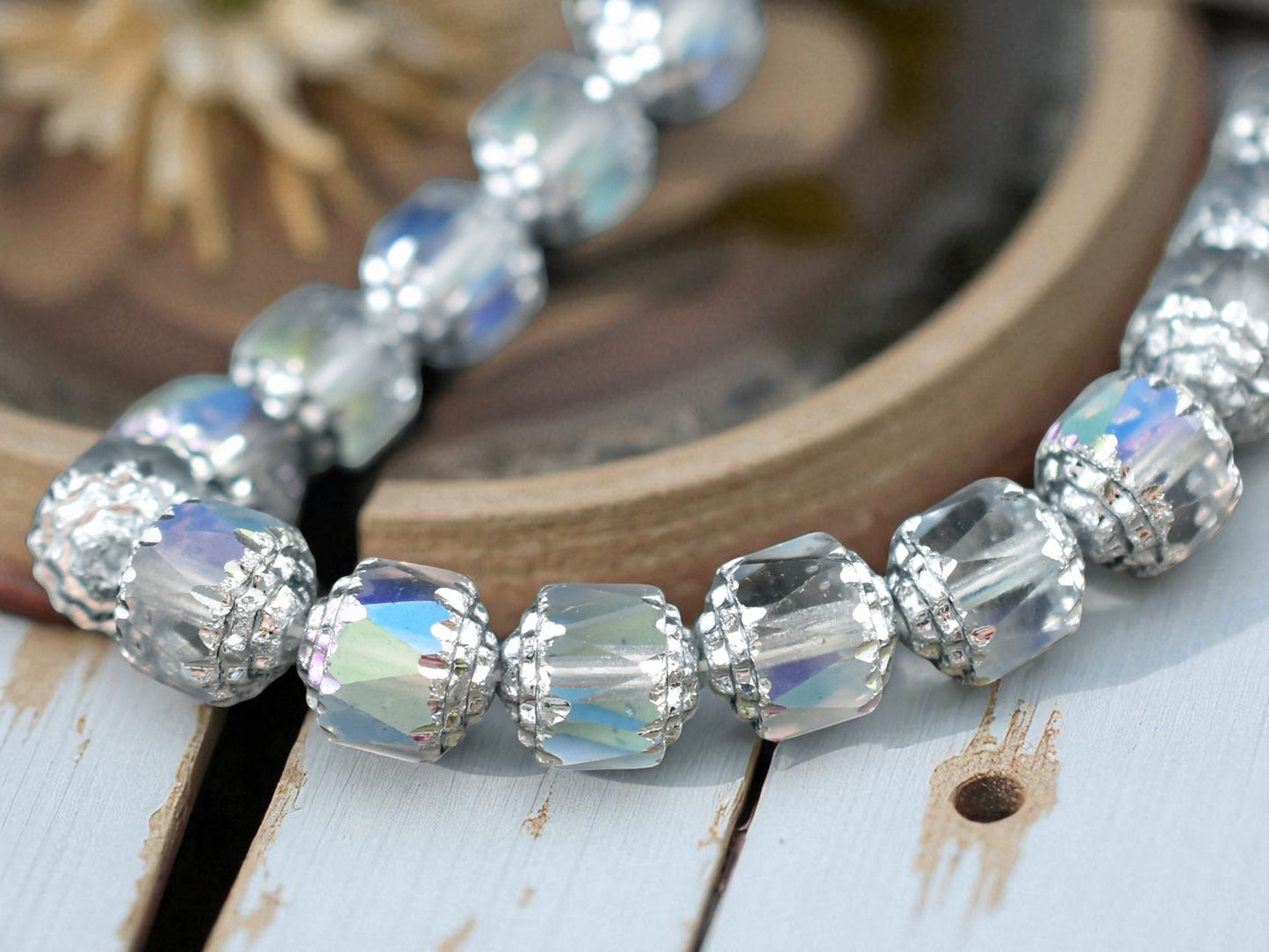 Silver Washed Lt Blue Apollo AB Fire Polished Cathedral Beads - 8mm or 10mm