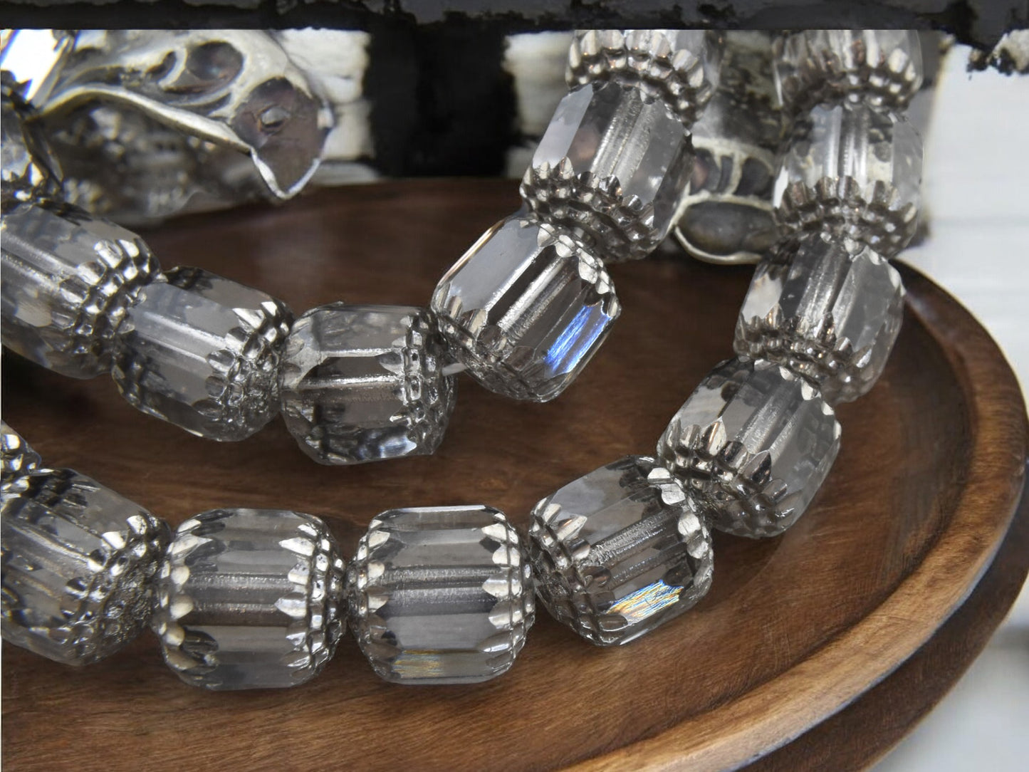 Silver Washed Smokey Crystal Fire Polished Cathedral Beads